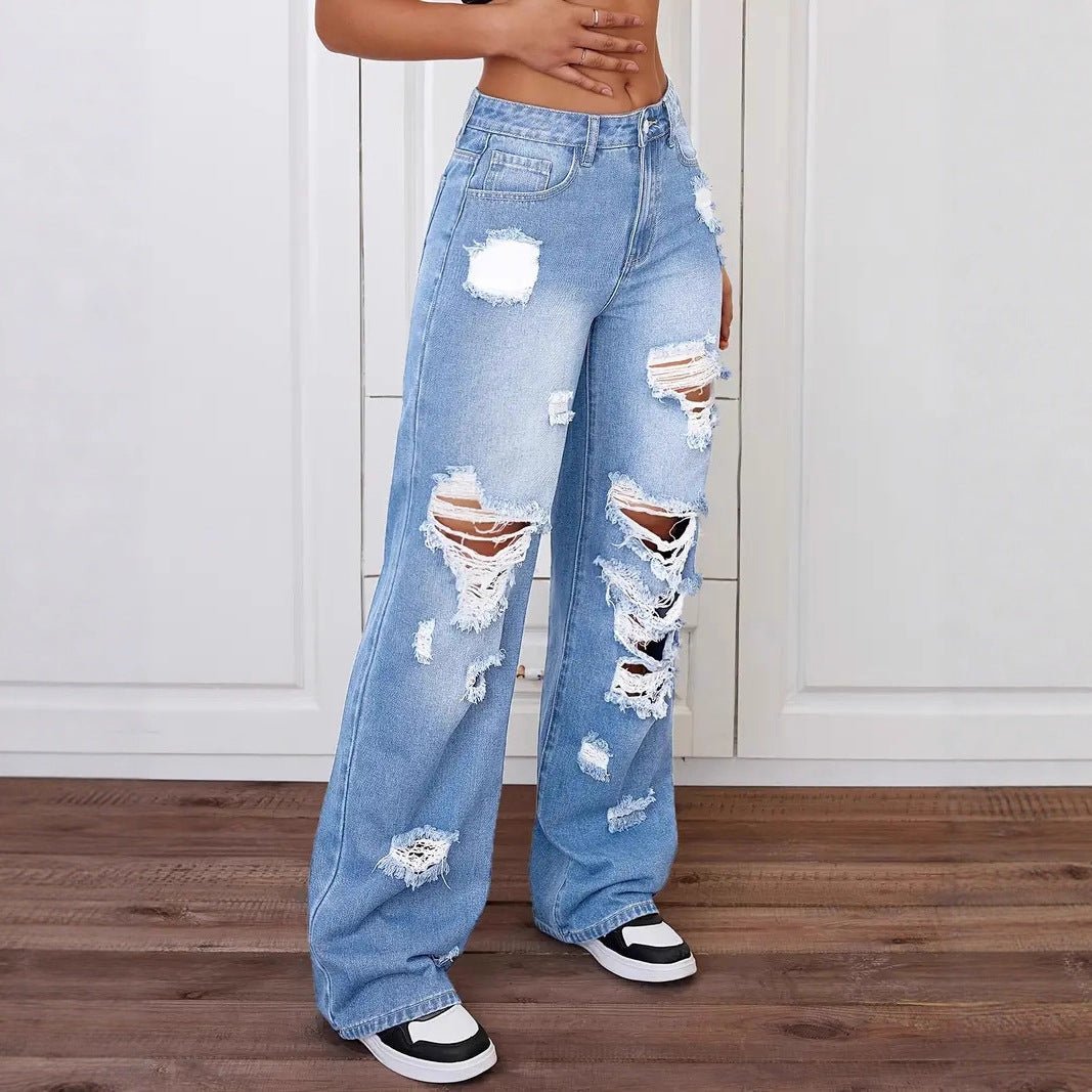Women’s trendy washed ripped straight jeans by Ancient Energy, featuring distressed details and classic fit.