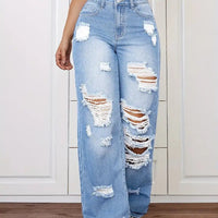 Ancient Energy women's washed ripped straight jeans with distressed details, denim fabric, and classic five-pocket design.