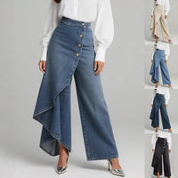 Ancient Energy women's faux jeans with straight-leg fit, large ruffled buttons, and stylish trousers for modern fashion.
