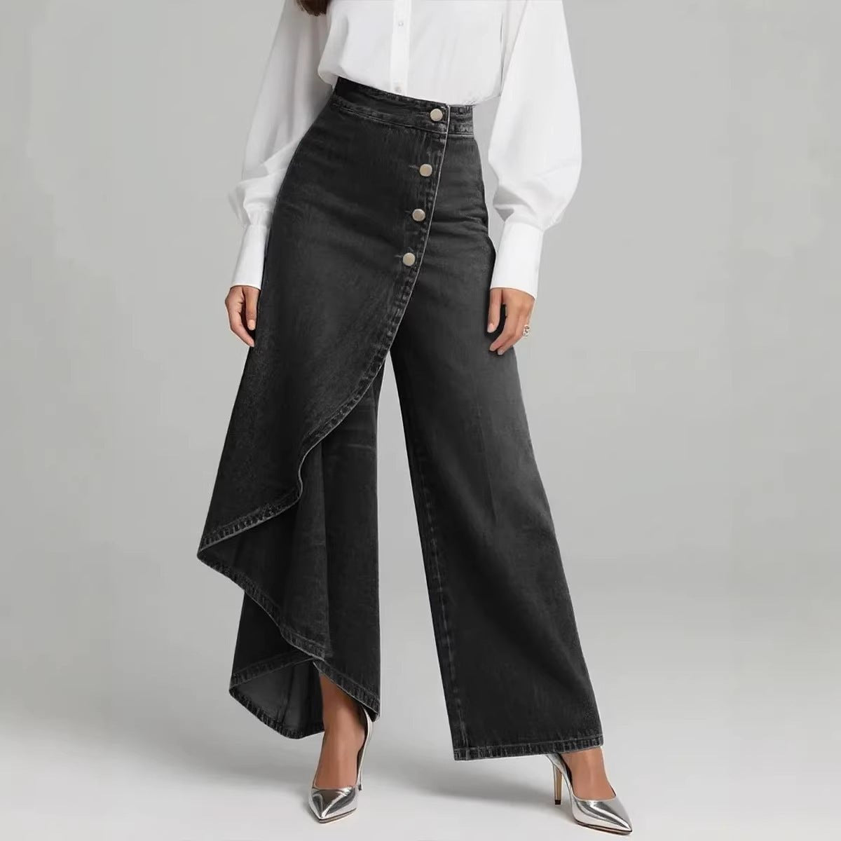 Ancient Energy women's straight-leg faux jeans pants with large ruffled button details and stylish design.