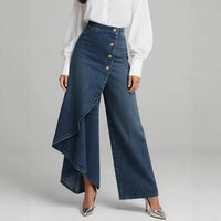 Ancient Energy women's faux jeans with straight-leg fit, large ruffled buttons, and stylish trousers for a trendy look.