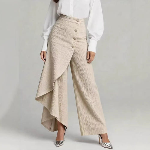 Ancient Energy women's straight-leg faux jeans with large ruffled buttons and stylish design, shown on a model.