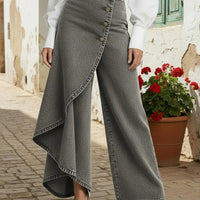 Ancient Energy women's faux jeans with straight-leg fit, large ruffled buttons, and stylish design.