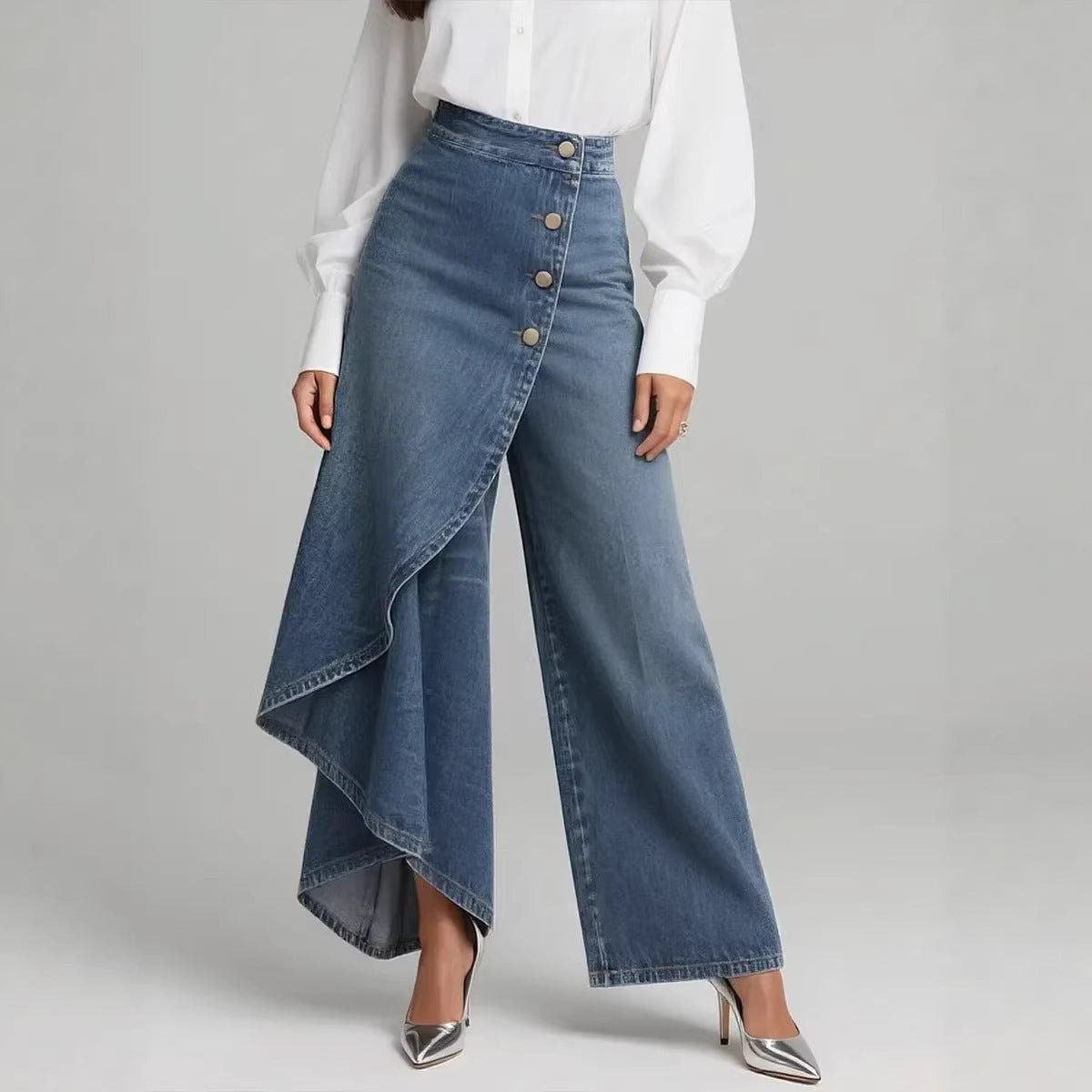 Ancient Energy women's faux jeans with straight-leg fit, ruffled buttons, and stylish large pockets for a trendy look.