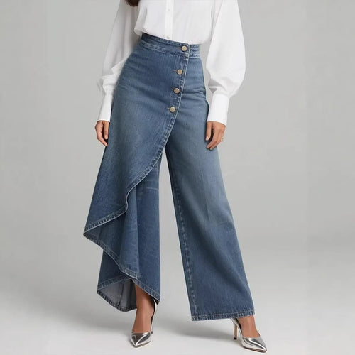 Ancient Energy women's faux jeans with straight-leg fit, ruffled buttons, and stylish large pockets for a trendy look.