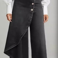 Ancient Energy women's straight-leg faux jeans pants with large ruffled buttons, fashion-forward trousers, casual and stylish wear