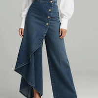 Ancient Energy women's faux jeans with straight-leg fit, large ruffled buttons, and stylish design for casual wear.
