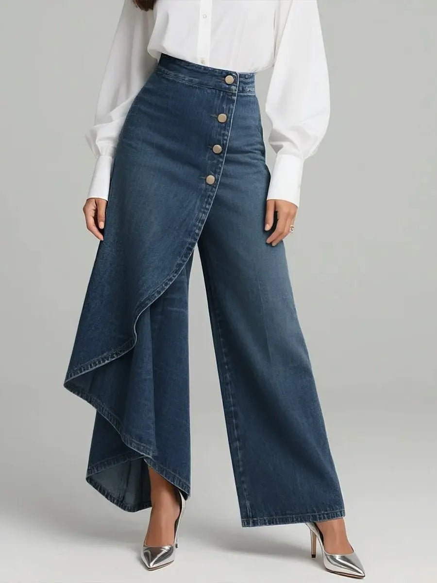 Ancient Energy women's faux jeans with straight-leg fit, large ruffled buttons, and stylish design for casual wear.