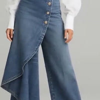 Ancient Energy women's faux jeans featuring straight-leg cut, large ruffled buttons, and stylish trousers for casual wear.