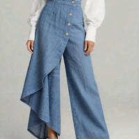 Ancient Energy women's faux jeans with straight-leg fit, large ruffled buttons, stylish trousers, and fashionable design.