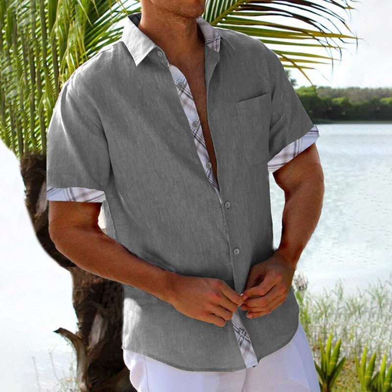 Men's vacation short sleeve shirt by Ancient Energy with plaid side panels, ideal for summer beach or Hawaii casual wear.