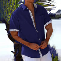 Men's vacation short sleeve shirt with plaid side panels, lightweight summer Hawaii beach top by Ancient Energy.