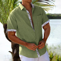 Ancient Energy men's short sleeve vacation shirt with plaid side panels, perfect for summer Hawaii beach wear.