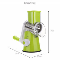 Ancient Energy round vegetable cutter and mandoline slicer with julienne and grater attachments for potatoes, carrots, cheese, and more.