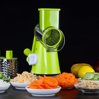 Ancient Energy round vegetable cutter and mandoline slicer with julienne blades for potatoes, carrots, cheese, and grating tasks.