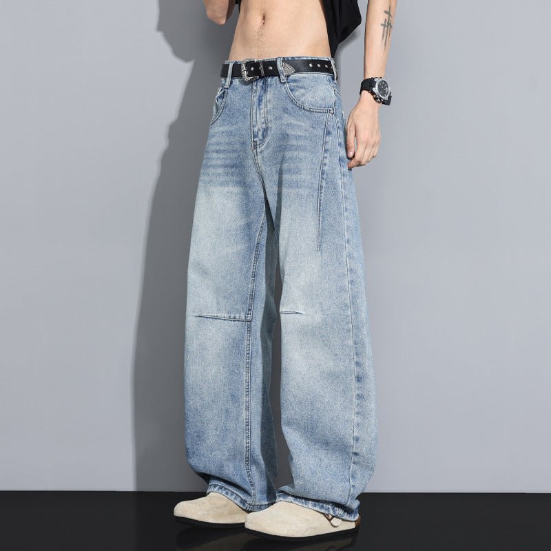 Ancient Energy men's straight-leg denim jeans, versatile high-street style, showing front view with classic blue wash.