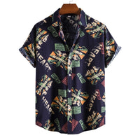 Vintage letter print men's casual short sleeve shirt with turn-down collar, loose fit, summer fashion streetwear by Ancient Energy.