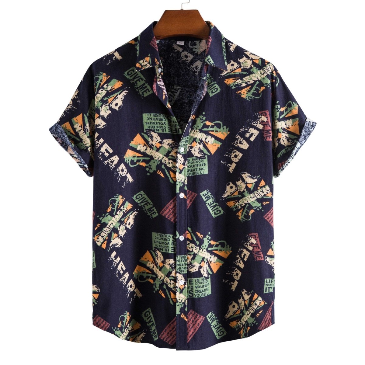 Vintage letter print men's casual short sleeve shirt with turn-down collar, loose fit, summer fashion streetwear by Ancient Energy.