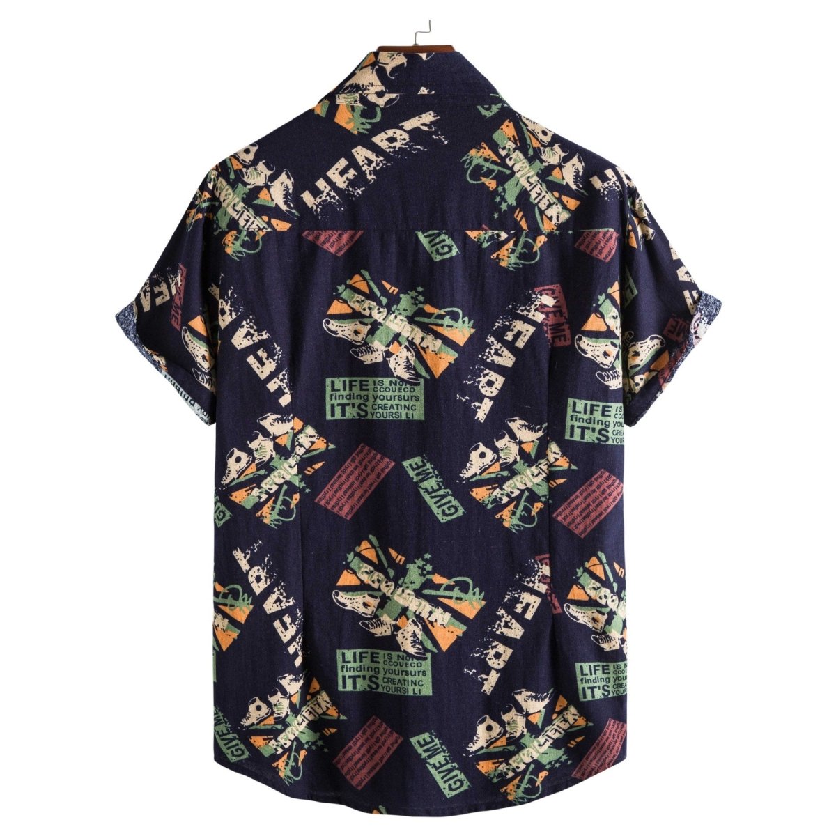 Vintage letter print men's casual short sleeve turn-down collar shirt by Ancient Energy, loose fit, summer streetwear style.