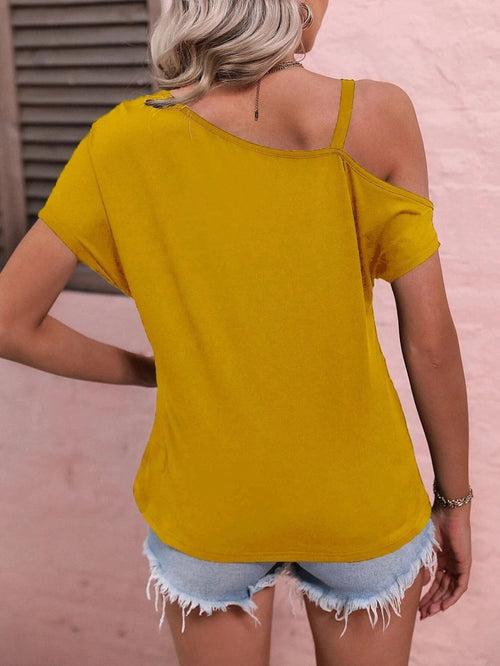 Ancient Energy women's off-shoulder summer blouse with irregular design, lightweight top perfect for warm weather.