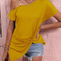 Ancient Energy women's off-shoulder summer blouse with irregular design, featuring a stylish casual top and shirt for warm weather.