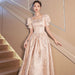 Elegant champagne-colored women evening dress by Ancient Energy, featuring a flowing design and stylish neckline.