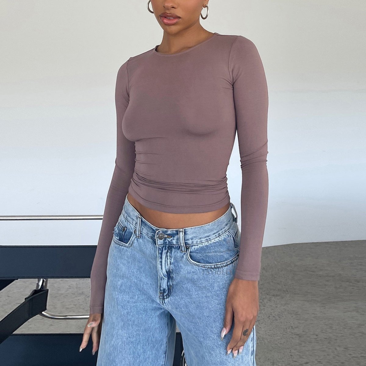 Ancient Energy women's slim long-sleeved pullover top in solid color, casual fit, fashion long-sleeve shirt for women.