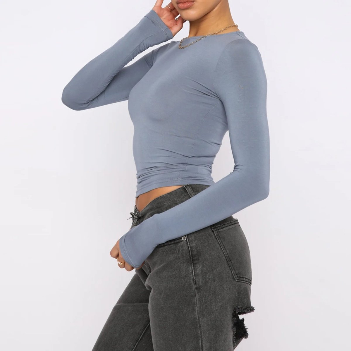 Ancient Energy women's long-sleeved pullover top in solid color, casual fit, slim style, perfect for fashionable everyday wear.
