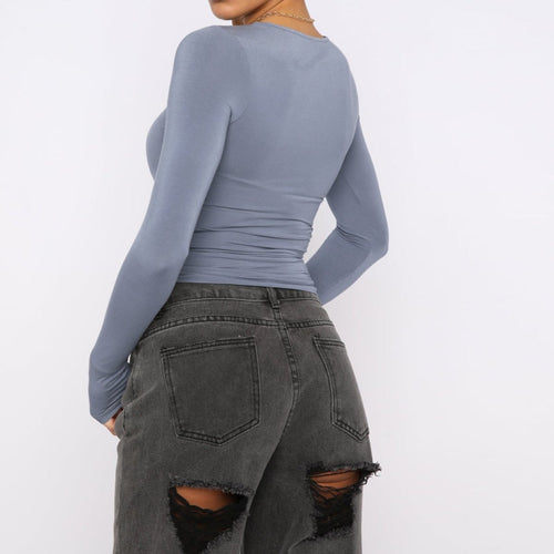 Slim fit women's long-sleeved pullover top by Ancient Energy, solid casual shirt with a stylish, comfortable design.
