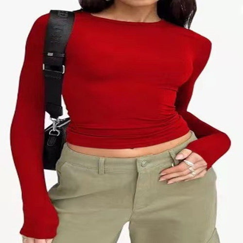 Women's slim long-sleeved pullover top by Ancient Energy, solid casual fit shirt, perfect for stylish everyday wear.