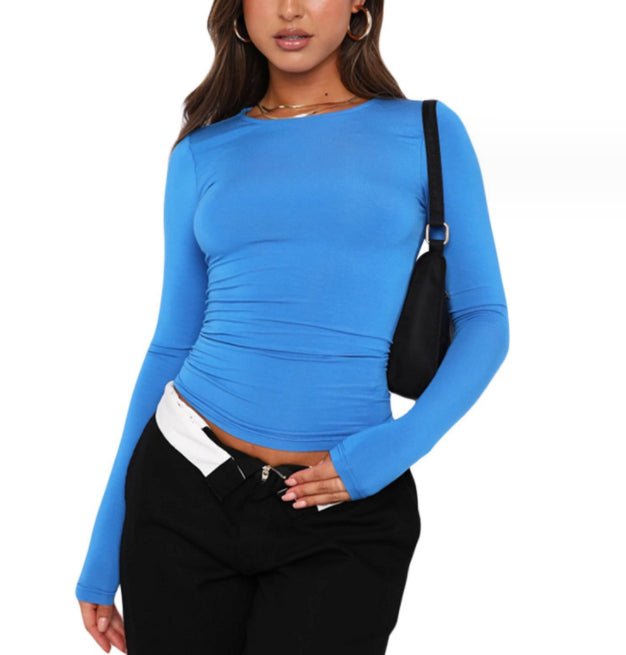 Ancient Energy women's slim long-sleeved pullover top in solid color, casual fit, stylish long-sleeve shirt for women.