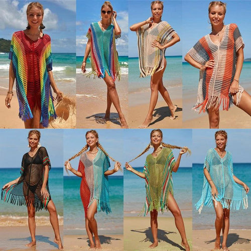 Women's knitted colorful striped beach blouse by Ancient Energy, featuring vibrant, lightweight fabric and a relaxed fit.
