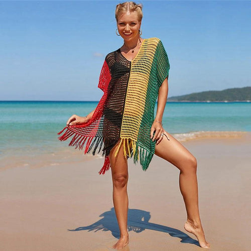 Women's knitted colorful striped beach blouse by Ancient Energy, with vibrant pattern and lightweight, casual fit.