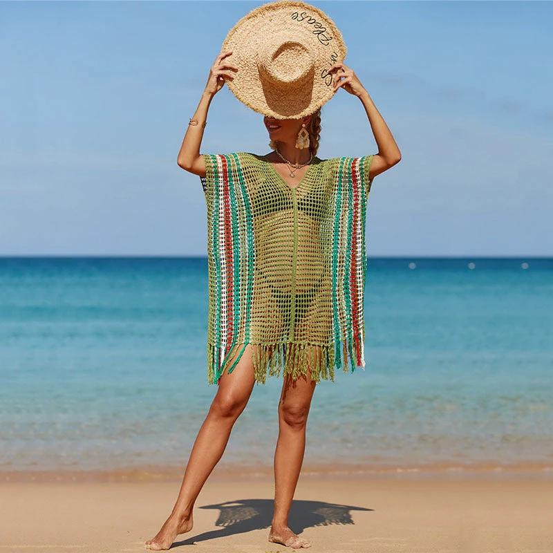 Women's knitted colorful striped beach blouse by Ancient Energy, featuring vibrant knit pattern and relaxed fit for summer wear.
