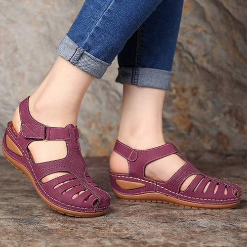Plus size women's retro wedge sandals with round toe, platform heel, by Ancient Energy, featuring stylish vintage-inspired design.