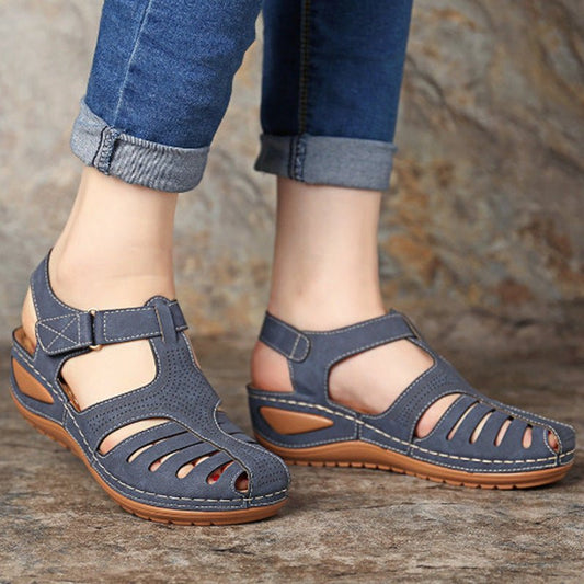 Plus size women's retro wedge sandals by Ancient Energy with round toe design and comfortable heel.