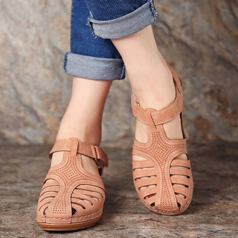 Women's plus size retro wedge sandals with round toes from Ancient Energy, featuring stylish design and comfortable fit.