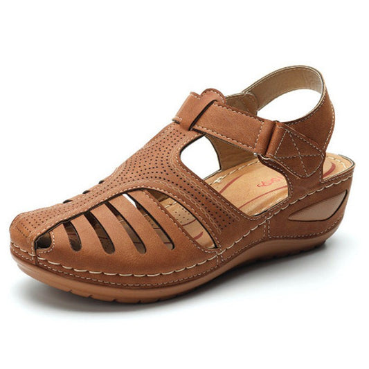 Plus size women's retro wedge sandals with round toe design by Ancient Energy, featuring comfortable, stylish footwear.