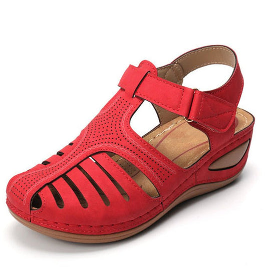 Plus size women's retro wedge sandals by Ancient Energy with round toe design and stylish strap details.
