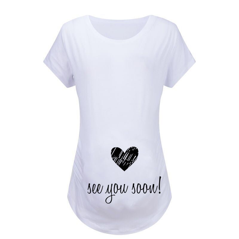Slim maternity women’s T-shirt by Ancient Energy featuring funny letter print, O-neck style, perfect for pregnancy comfort.