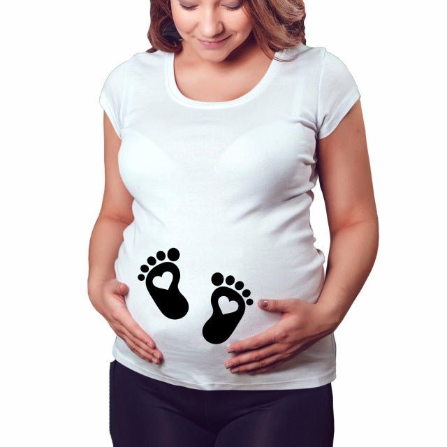 Slim maternity women’s T-shirt with funny letter print, O-neck design by Ancient Energy, suitable for pregnancy and casual wear.