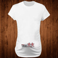 Women’s slim maternity T-shirt by Ancient Energy featuring a funny letter design, O-neck style, perfect for pregnancy.
