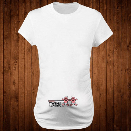 Women’s slim maternity T-shirt by Ancient Energy featuring a funny letter design, O-neck style, perfect for pregnancy.
