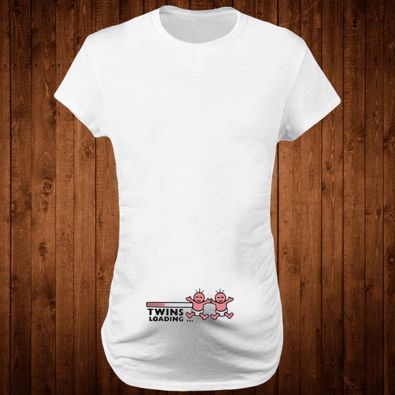 Women’s slim maternity T-shirt by Ancient Energy featuring a funny letter design, O-neck style, perfect for pregnancy.