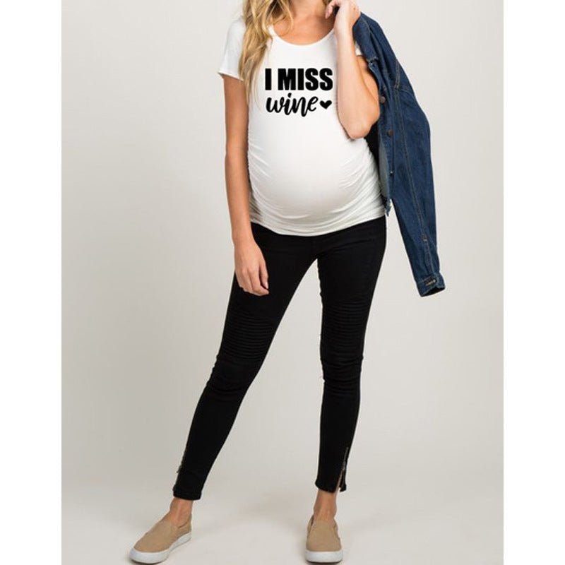 Slim maternity women's T-shirt with funny letter print and O-neck design from Ancient Energy, suitable for pregnancy.