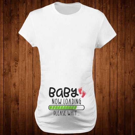 Slim maternity women's T-shirt by Ancient Energy with funny letter design, O-neck style, suitable for pregnancy.