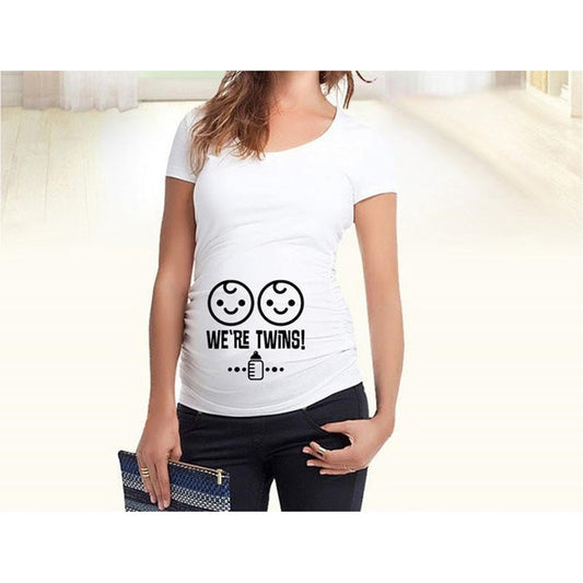 Slim maternity women's T-shirt by Ancient Energy featuring funny letter print, O-neck style, designed for pregnancy comfort.