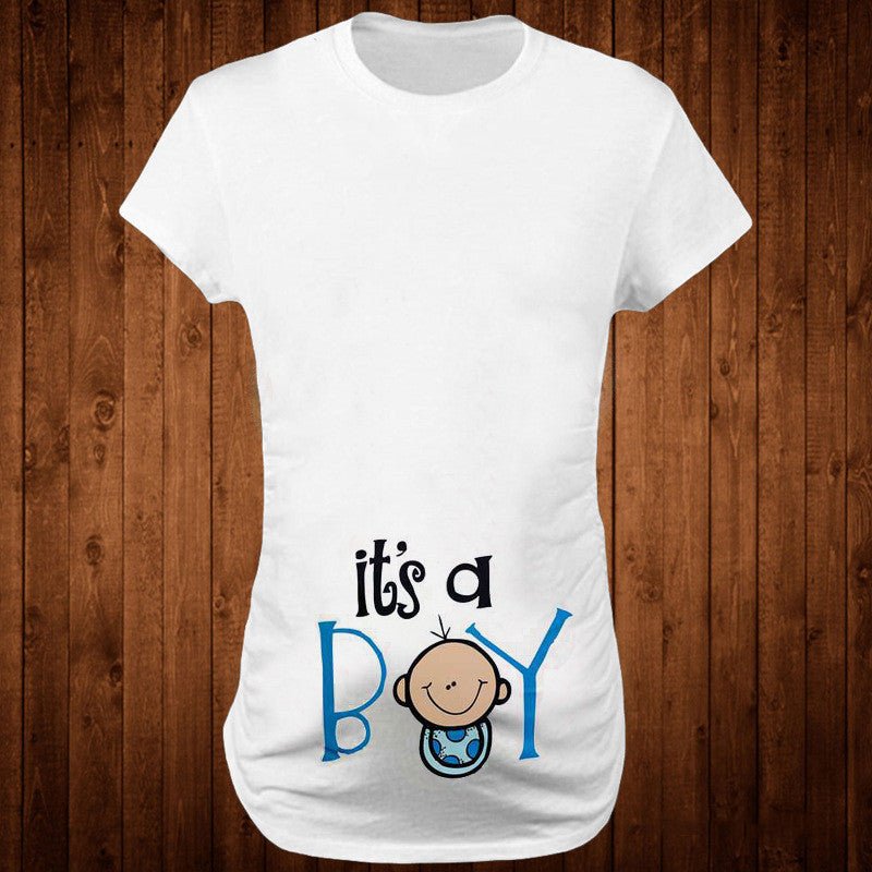 Slim maternity women’s T-shirt by Ancient Energy with funny letter print, O-neck design, perfect for pregnancy comfort.