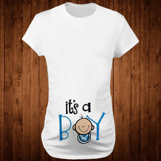 Slim maternity women’s T-shirt by Ancient Energy with funny letter print, O-neck design, perfect for pregnancy comfort.