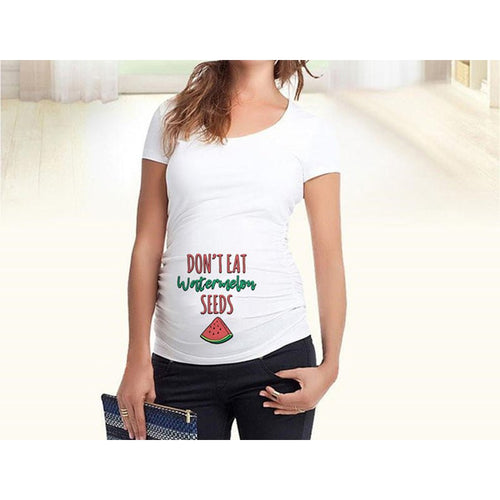 Slim maternity women’s T-shirt by Ancient Energy featuring funny letter print, O-neck style, designed for pregnancy comfort.